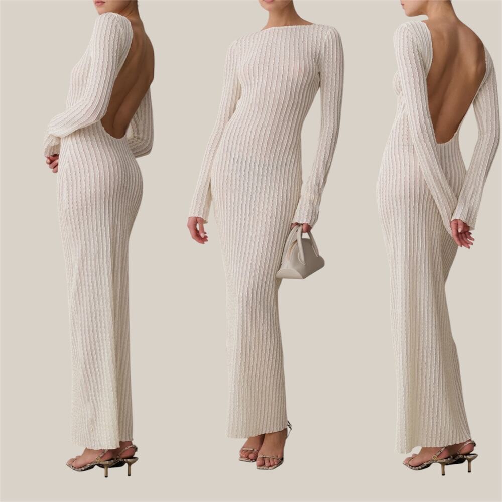 Few Moda Anneliese Ribbed Long Sleeve Open Back Knit Maxi Dress Cream Bodycon S